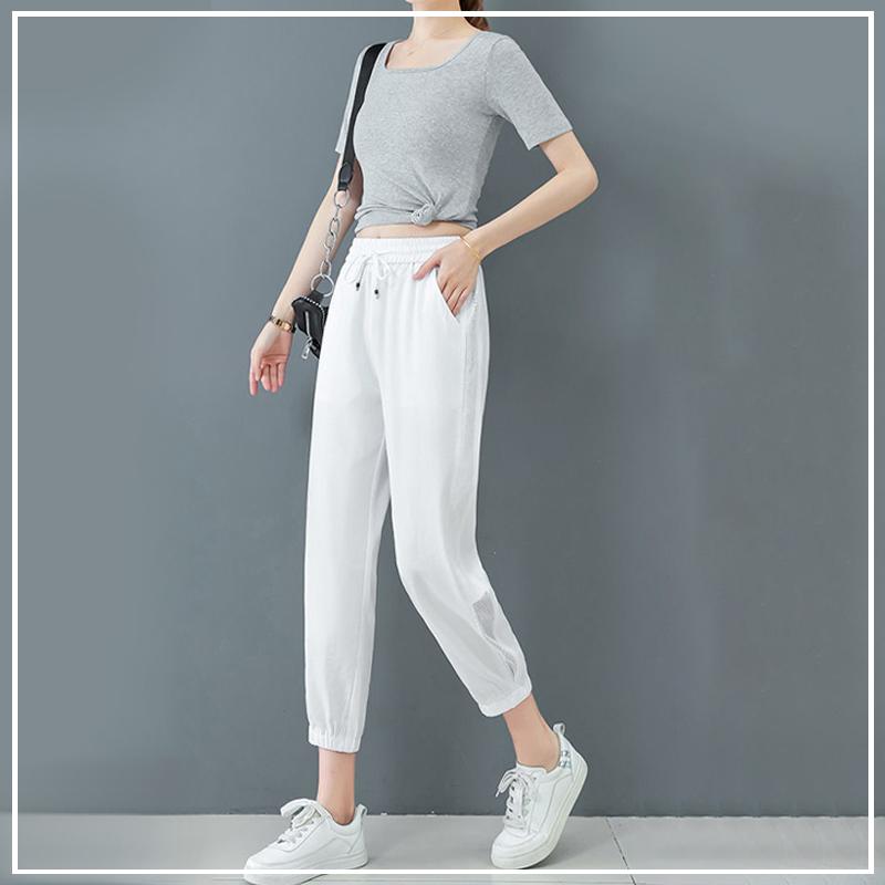 2024 Sports Minimalist Casual Fashion Drawstring High Waisted Loose Oversize Straight Ice Silk Ankle Tied Harlan Pants for Women