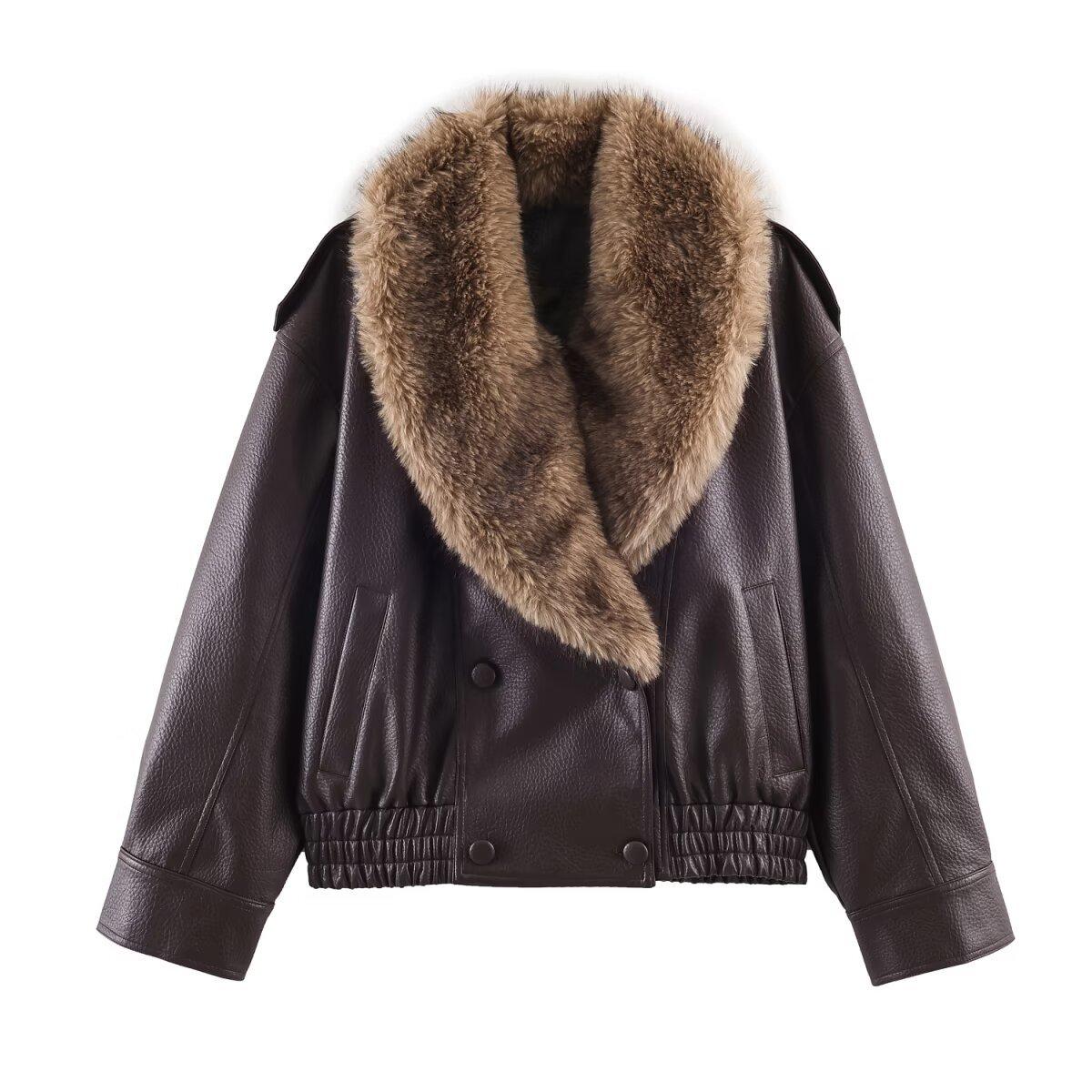 

2026 Зимова жіноча вільна куртка зі штучної шкіри Модна знімна велика хутряна накидка Повсякденне пальто Хай-стріт Двобортовий верхній одяг S коричневий