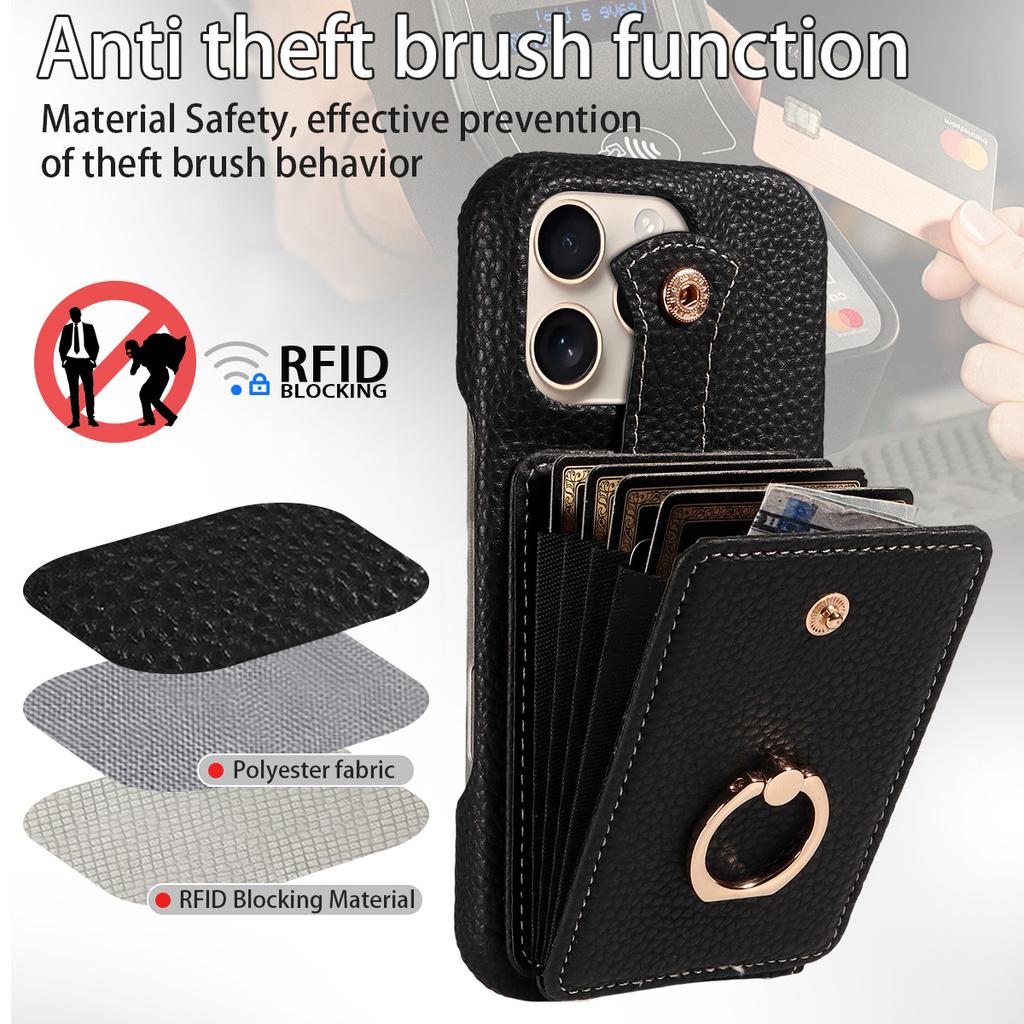 Litchi Texture PU Leather Wallet Case for iPhone 13 Pro Max, Accordion Card Holder with Ring Kickstand & Crossbody Strap, Shockproof Cover