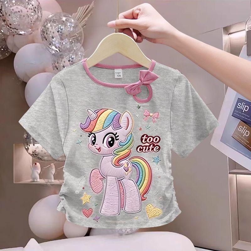 Girls' Fashionable Bow Tie Top for Summer, Children's Round-neck Short-sleeved Pure Cotton T-shirt
