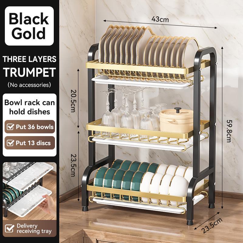 Multifunkční kuchyňský stojan na misky a talíře s integrovaným odvodem vody