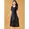 Women's Black Jacquard V-Neck Chiffon A-Line Dress