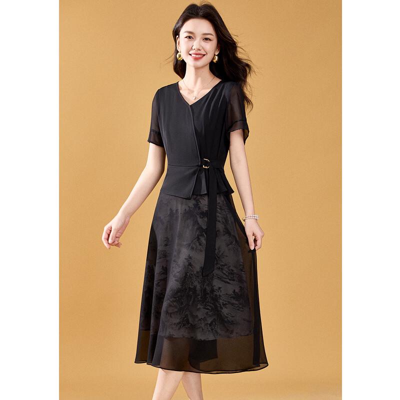 Women's Black Jacquard V-Neck Chiffon A-Line Dress