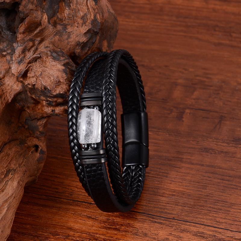 

Мужской многослойный плетеный белый браслет с одним камнем «тигровый глаз» и магнитной застежкой из нержавеющей стали 9Inch