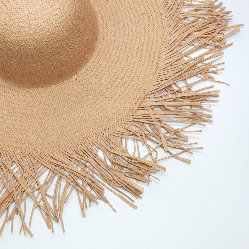 Women's wide-brimmed hat, tassel floss beach hat, foldable pure woven sun-visor, white and black paper straw round hat