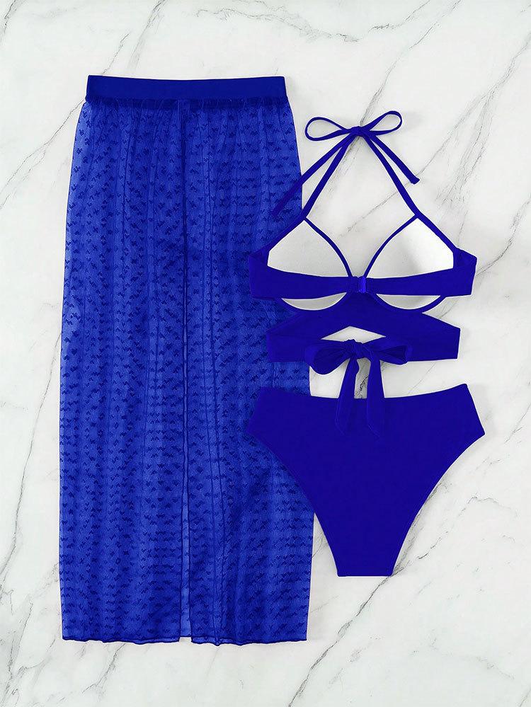 Women Solid Sexy Mesh Three Piece Bikini Swimsuit Beach Swimwear