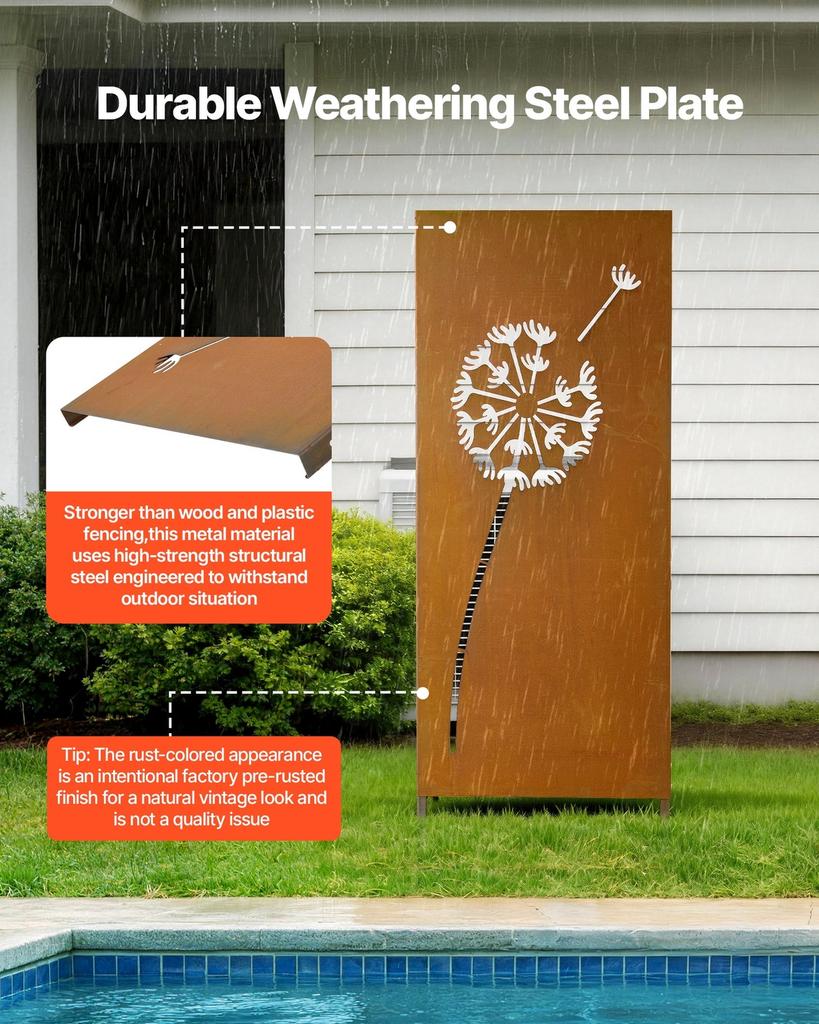 Metalen Privacy Scherm, 61 x 160 cm Vrijstaand Modern Privacyhek, Tuin Afscheidingspaneel met Verlengde Grondpennen & Stalen Plaat, Vrijstaand
