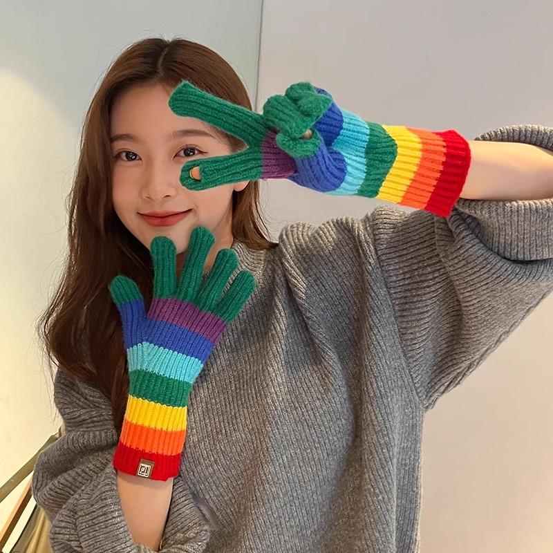 Korean New Rainbow Gloves for Women In Winter Warm Wool Half Finger Gloves American Street Fashion Versatile Cycling Trend