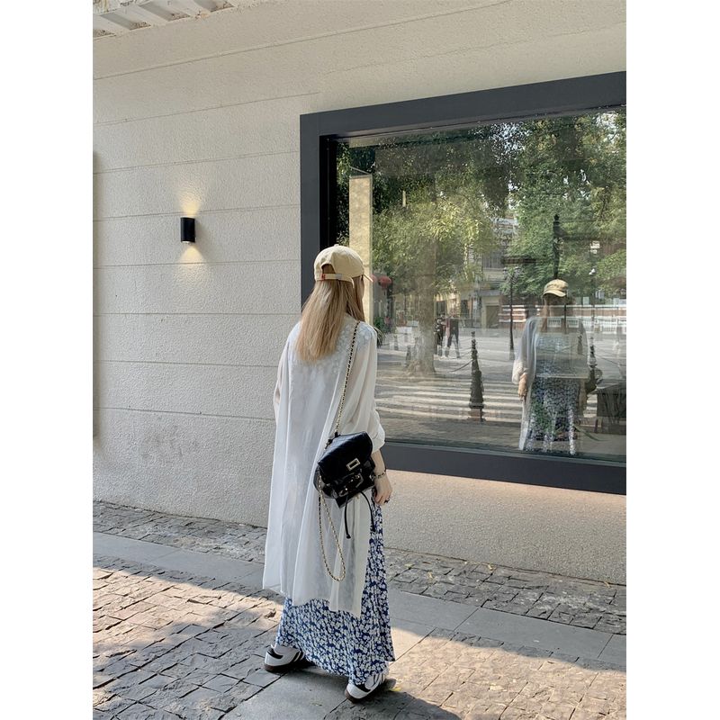 

100.00kg Tall Long Square-Neck Cinched Slim Looking Floral Dress Beach Vacation Export Oversize Women s Clothing White Long sleeves sunscreen 4XL(Large size)