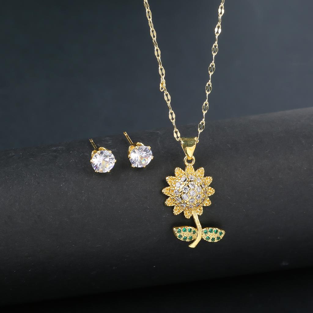 2pcs Sparkling Crystals Botanical Sunflower Necklace Earrings Zircon Set for Woman New Fashion Casual Party Zircon GirlGift