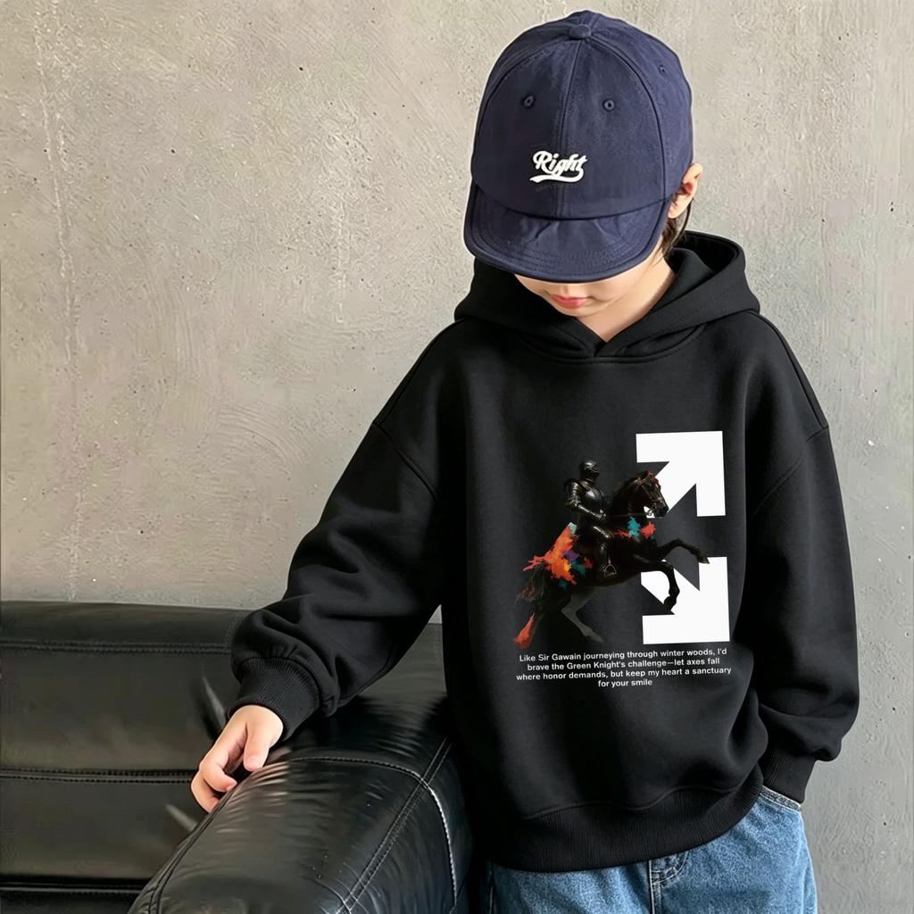Y2K Trendy Art Rider Horse Print Warm Kids Hooded Sweatshirt, Autumn/Winter Kids' Casual Top