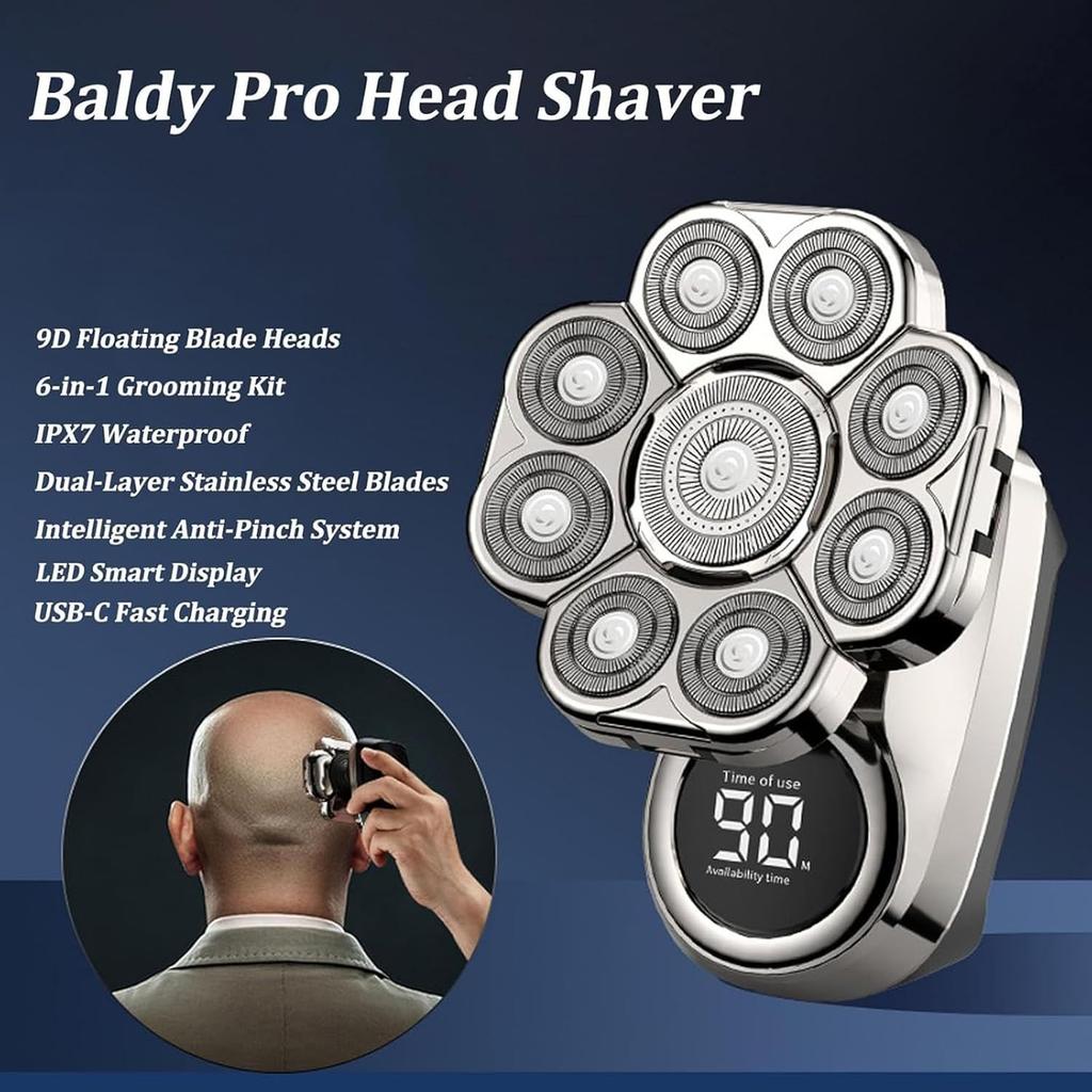 Bawldy Pro Head Shaver, 6-in-1 Detachable Head Shavers with 9D Floating Blade Heads, IPX7 Waterproof, Intelligent LED Display, Rechargeable Cordless