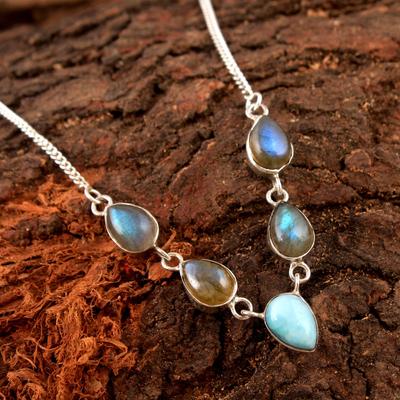 Natural Labradorite Larimar Gemstone Necklace 925 Sterling Silver Fine Jewelry Handmade Necklace