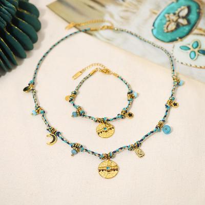 Böhmisches französisches Retro-Schmuckset: Bunte Halskette aus Baumwollseil und geflochtenes Armband