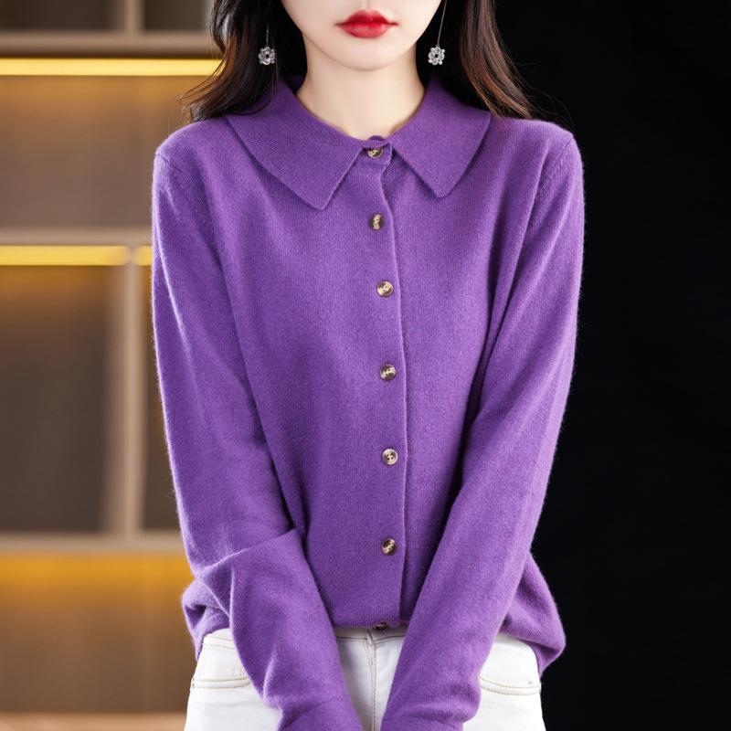 Polo Collar Knitted Cardigan for Women In Autumn and Winter New Andy Velvet Lapel Long Sleeve Top Skin-friendly and Warm Loose Jacket