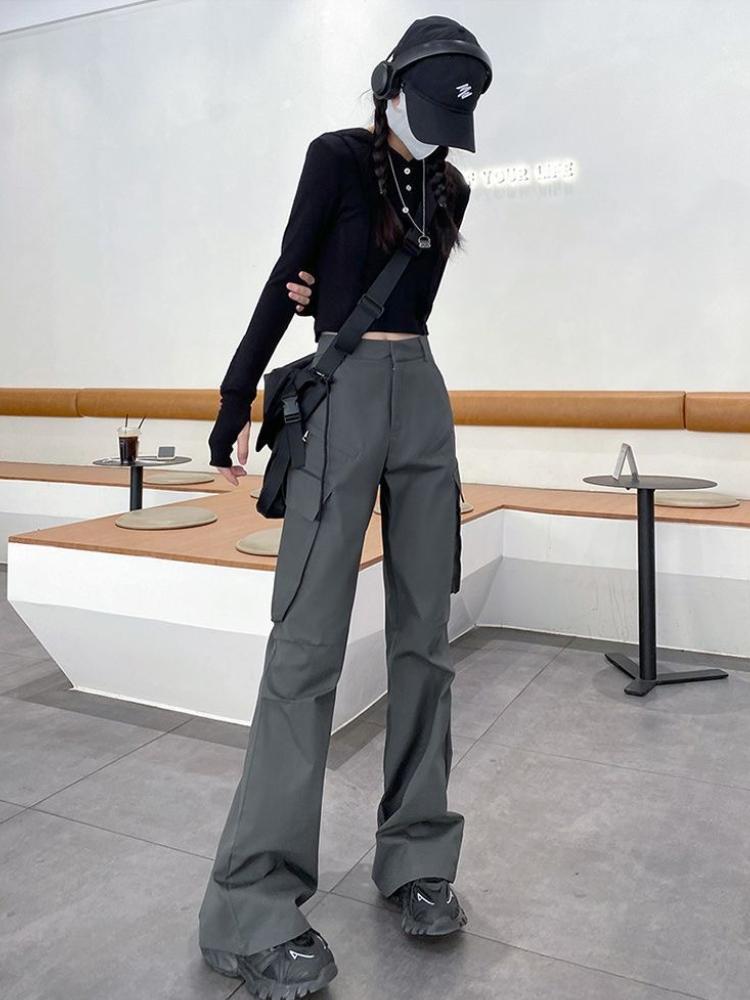 2025 Spring Summer New Gray Cargo Pants Women's High Waisted Thin American Retro Straight Wide-leg Pants Y2k Casual Flared Pants