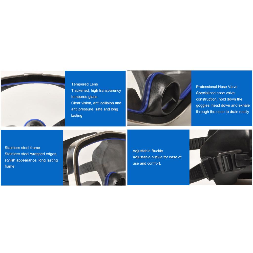 Scuba Diving Goggles Tempered Glass Anti Fog Nose Valve Lightweight Single Lens Snorkeling Goggles for Swimming Water Sports