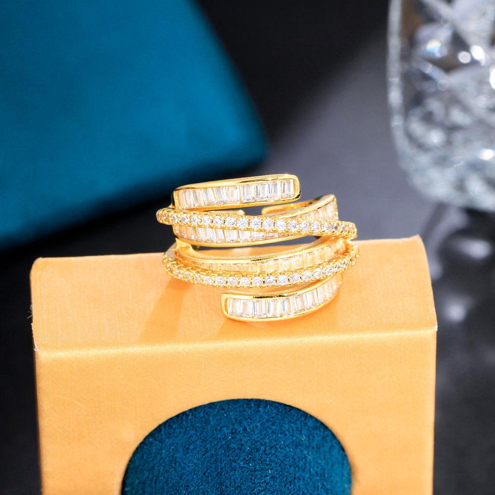 Light Luxury High-End Design Zircon Ring Winding Irregular Opening Women'S Ring Jewelry