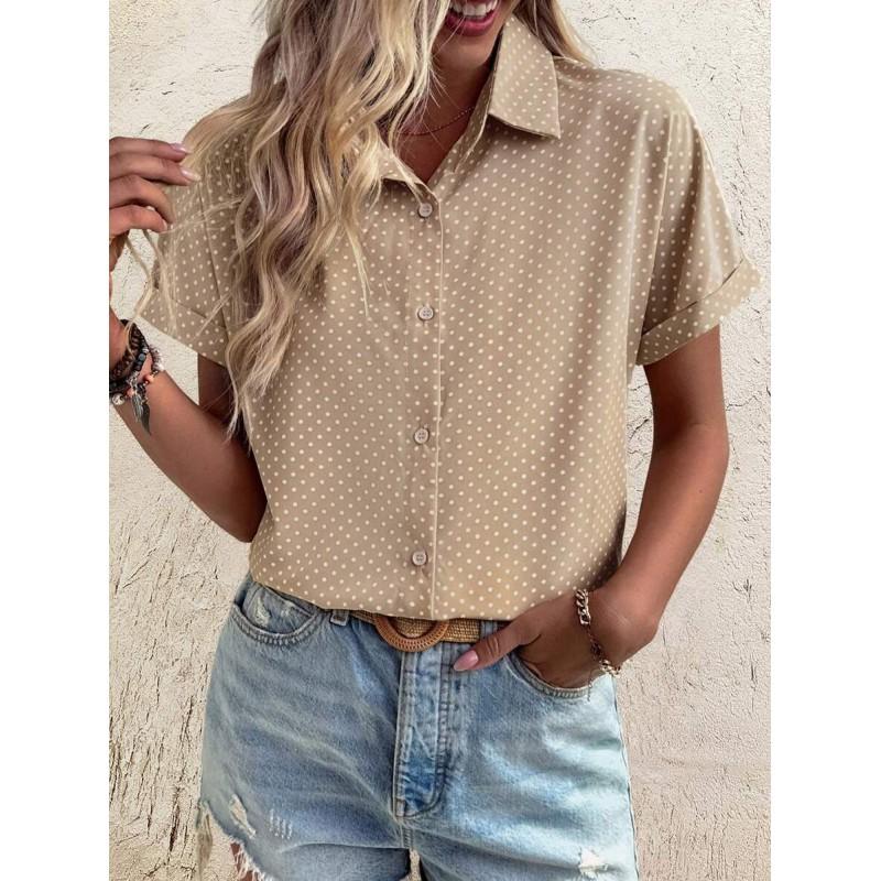Womens Loose Fit Short Sleeve Printed Shirt Casual Vacation Style Collared Open Front Top
