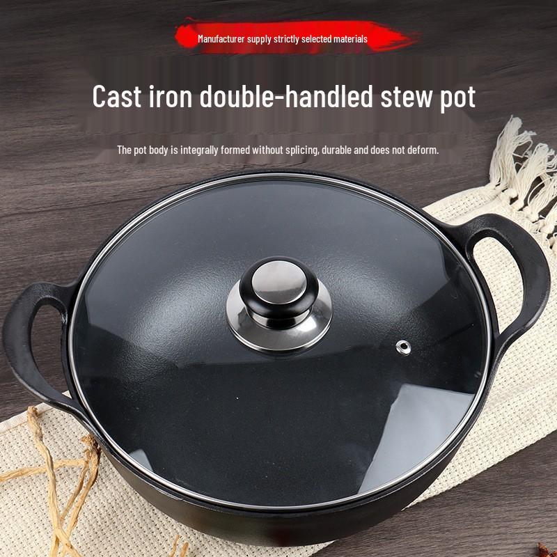 Zesílený litinový Yuanbao Univerzální hrnec na dušení: Nepřilnavá indukční pánev wok se dvěma uchy