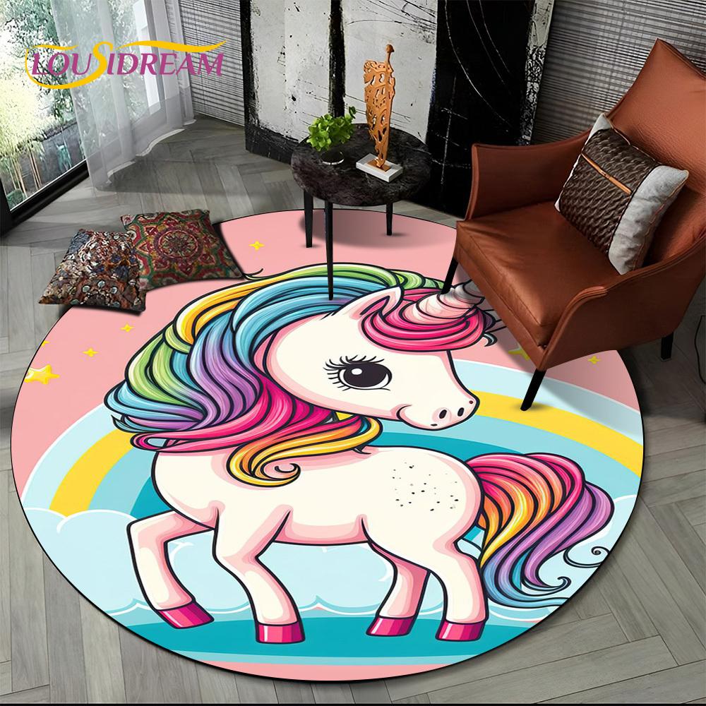 3D Cute Unicorn Cartoon Girl Gift Round Carpet Rug for Living Room Bedroom Child Playroom Decor,Pet Area Rug Non-slip Floor Mat
