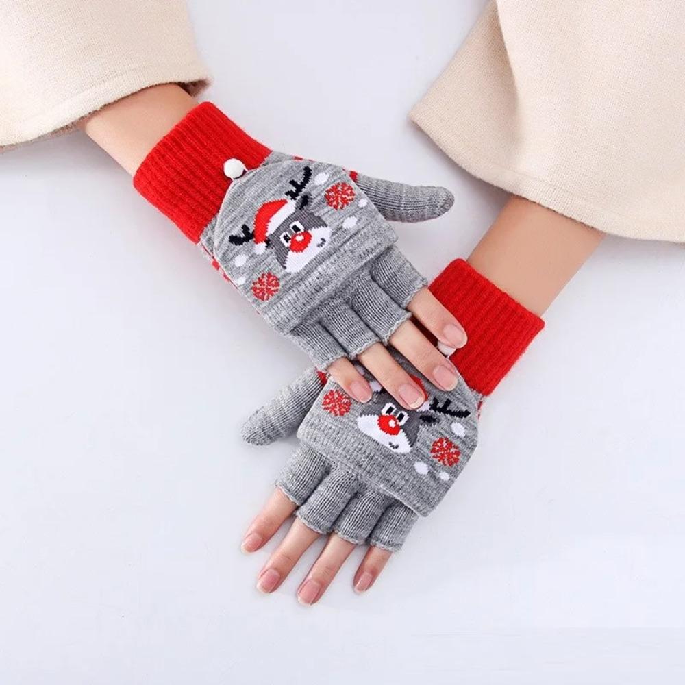 Winter Cute Girls Christmas Gloves Kids Warm Cartoon Gloves Students Fingerless Writing Gloves with Flip Cover 7-13Y