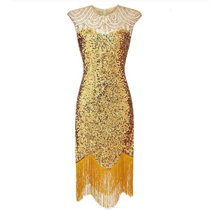 Amazon Popular Banquet Evening Dress 1920 Retro Sequined Tassel Dress Plus Size Solid Stage Performance Wear