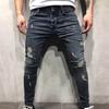 Men's  Autumn Denim Cotton Straight Ripped Hole Trousers Distressed Jeans Pants