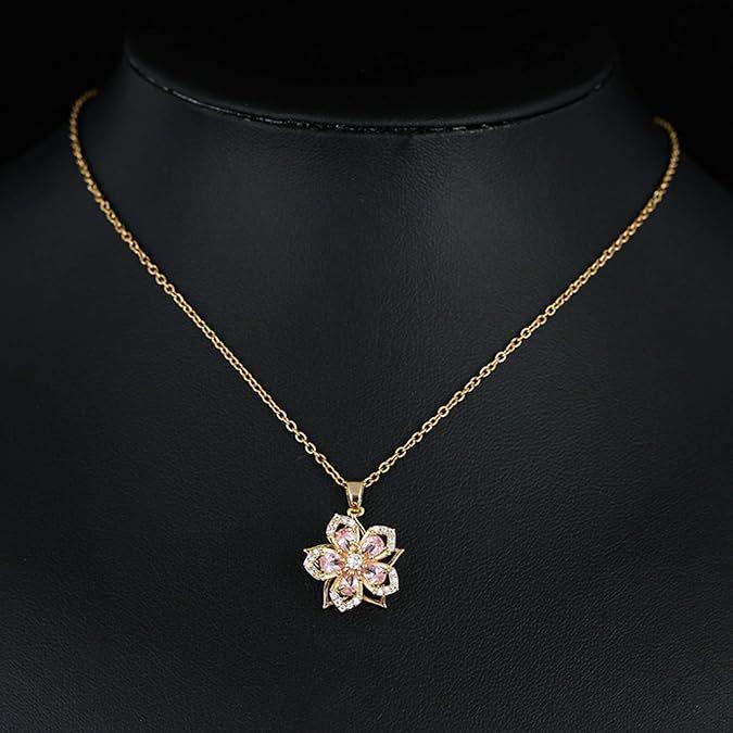Elegant Zircon-Studded Rotatable Flower Pendant Necklace with Copper Inlay