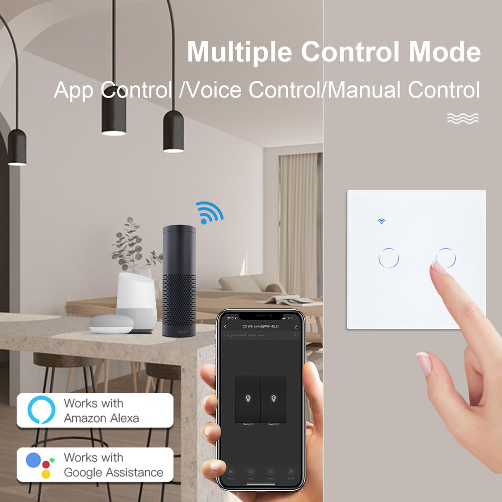 BSEED Interruptores Touch Wifi 1/2/3 Teclas Com Capacitor 2 Vias Para Escadas Corredores Lâmpadas Controle App Tuya Smart Life Alexa Pacote com 2