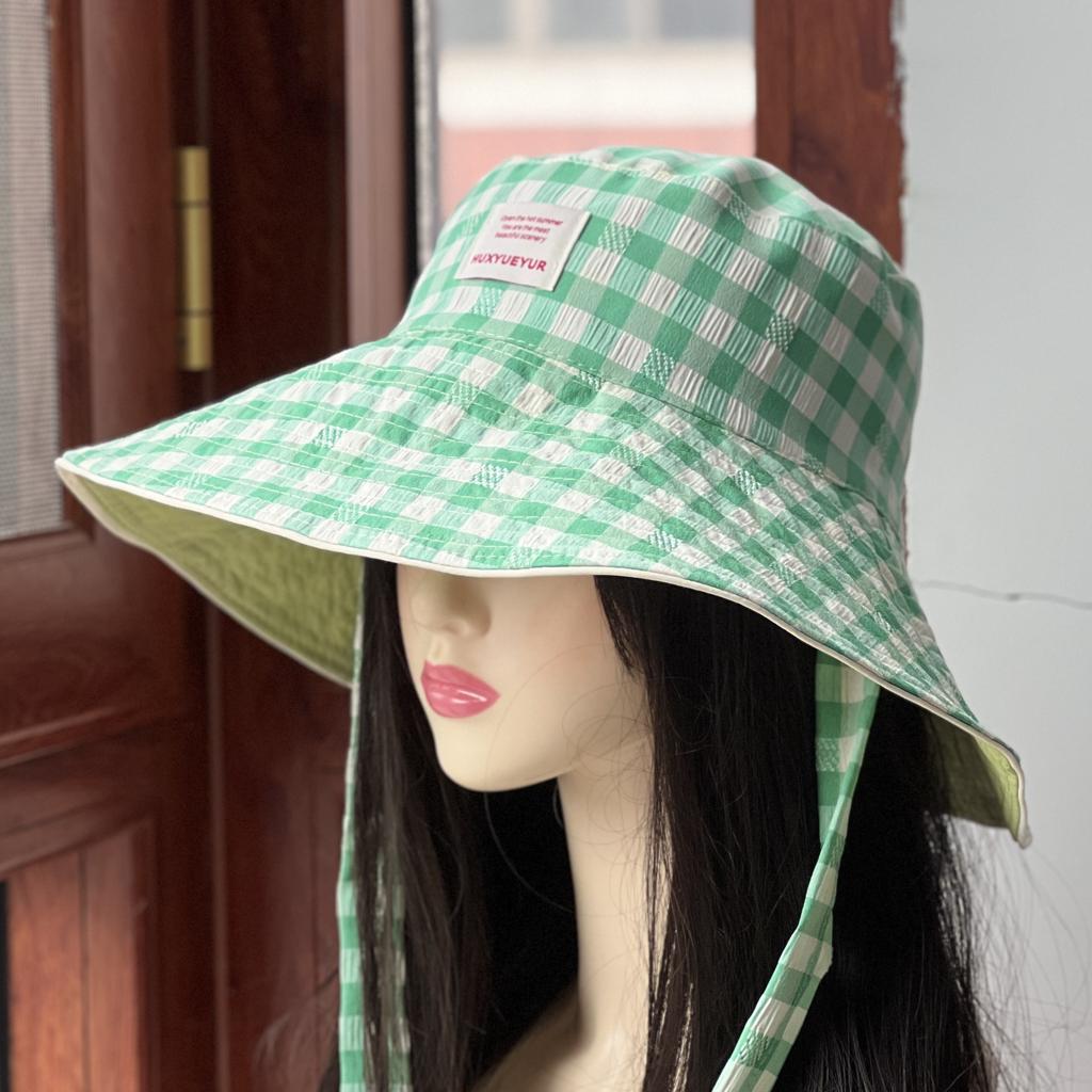 Casual bucket hat women can wear double-sided plaid versatile big eaves show face small sunshade sunscreen hat fashion basin hat
