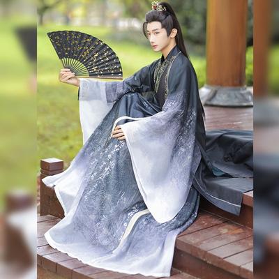 Svart Hanfu kinesisk kalligrafi Wei And Jin Dynasty Style Print Elegant Knight Martial Arts-drakt