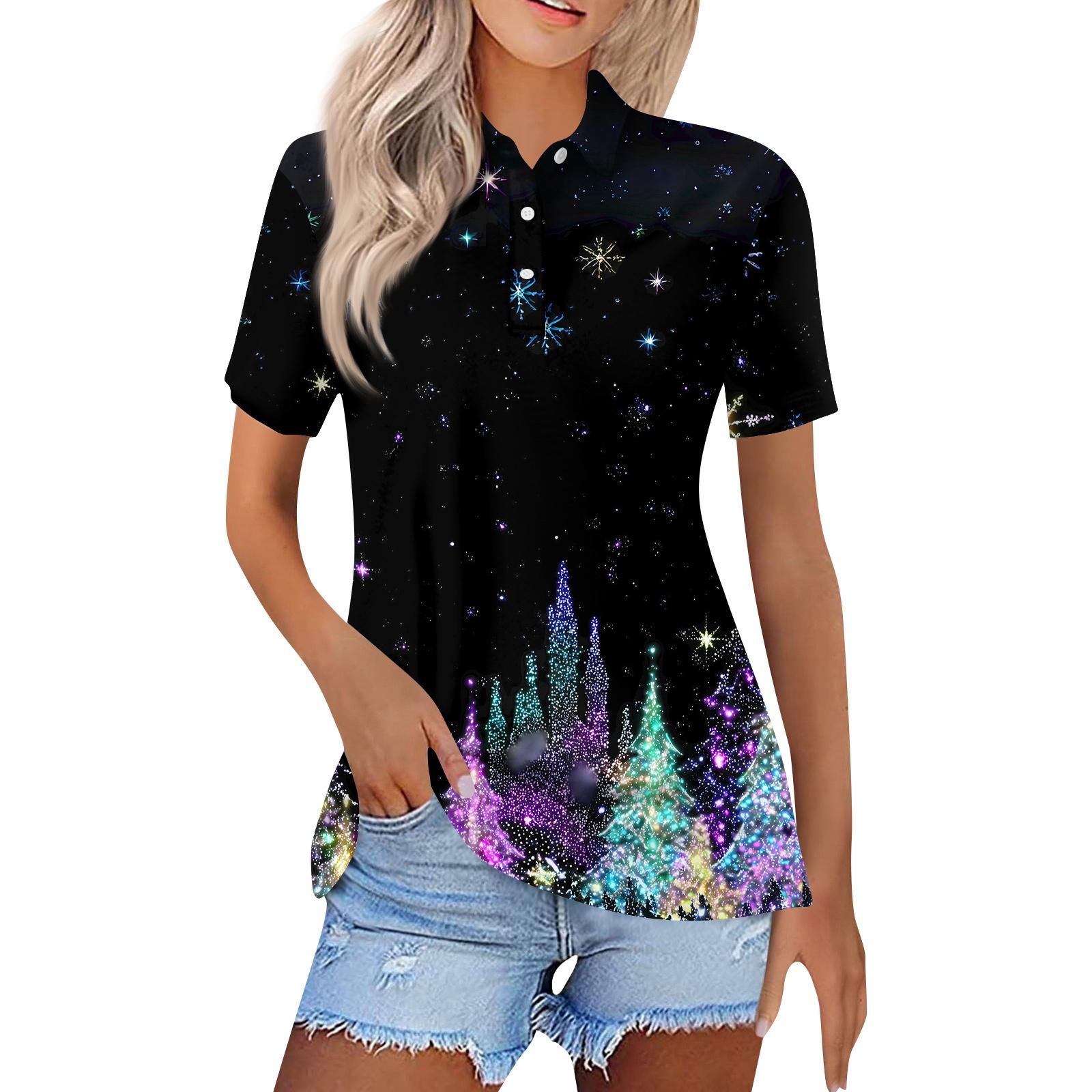 

Женская модная повседневная рубашка с лацканами и короткими рукавами с рождественским принтом, женские топы на пуговицах L чёрный