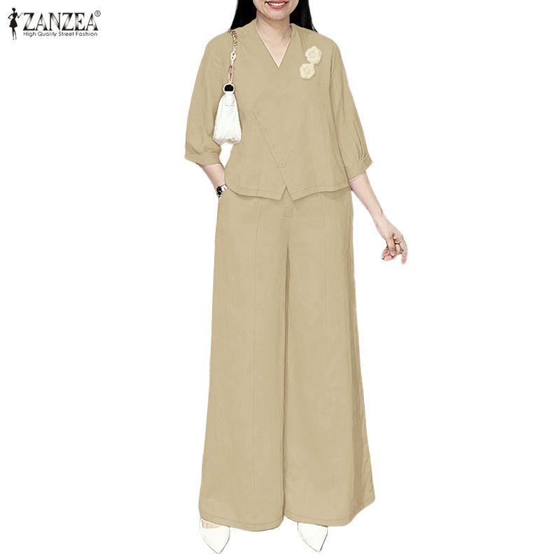 ZANZEA Women 3/4 Sleeve Blouse and Pants Casual Two Piece Suit Sets