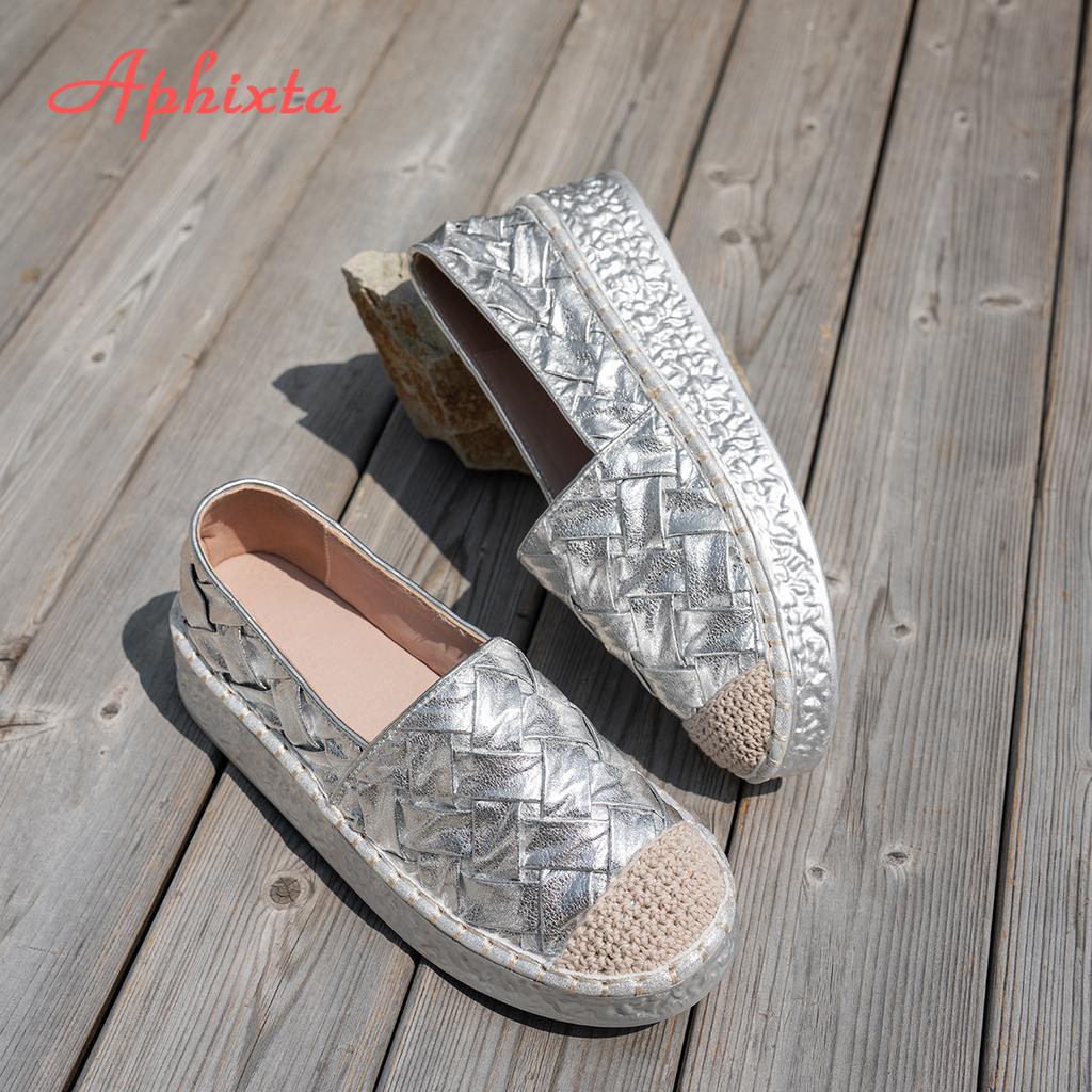 Fashion Aphixta New Flat Platform Women's Casual Shoes 4.5cm Chunky Heels Silver Gold Loafers Weave Design Autumn Woman Flats Size 35-43