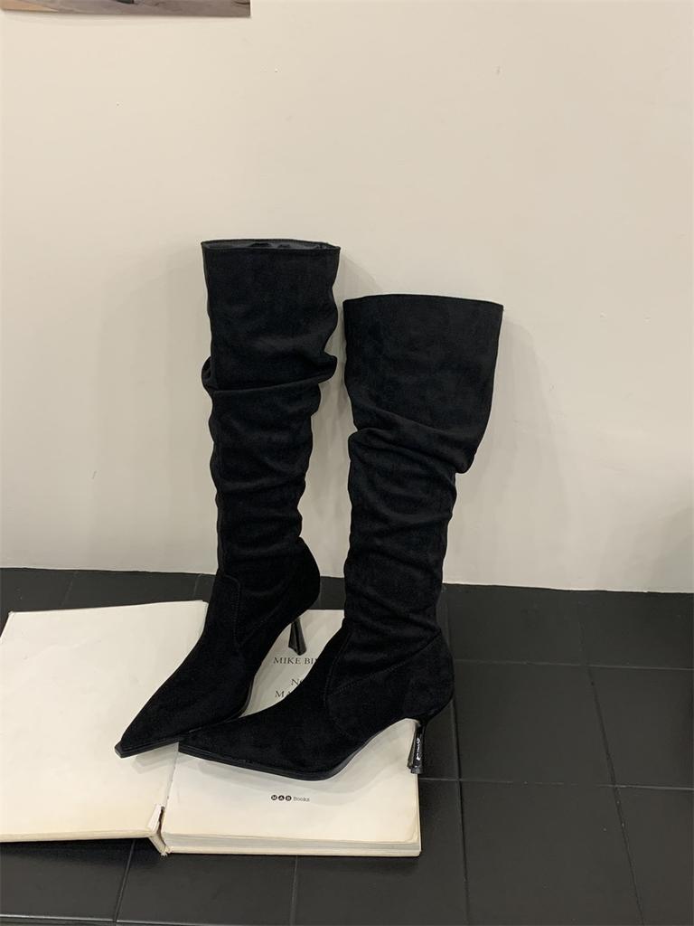 High Heel Pointed Khaki Suede Pile Boots Women's Shoes 2025 Autumn and Winter Single Boots Skinny Long Knight Boots