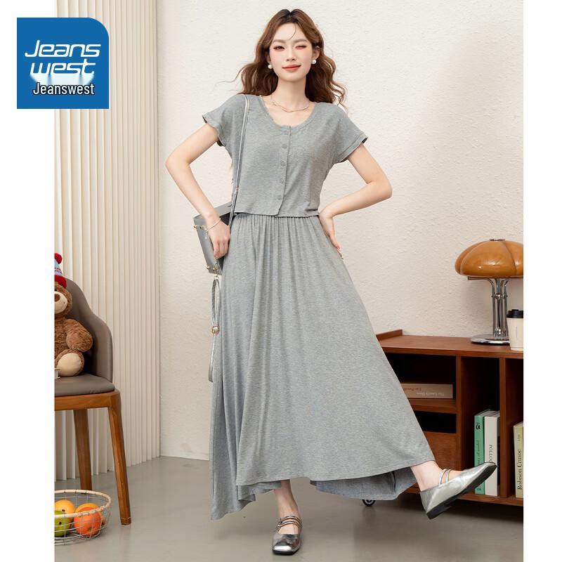 Jeanswest Women s Summer Short-Sleeve Long Skirt Two-Piece Set L