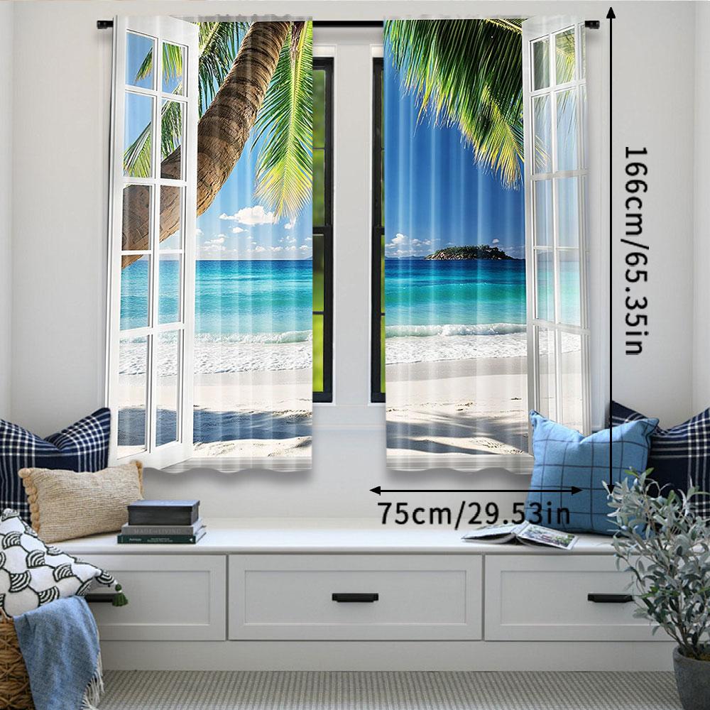 Natural Scenery Curtain Tropical Palm Trees Island Ocean Beach Window Drapes Home Dorm Bathroom Bedroom Set Of 2 Made Polyester Washable Ready