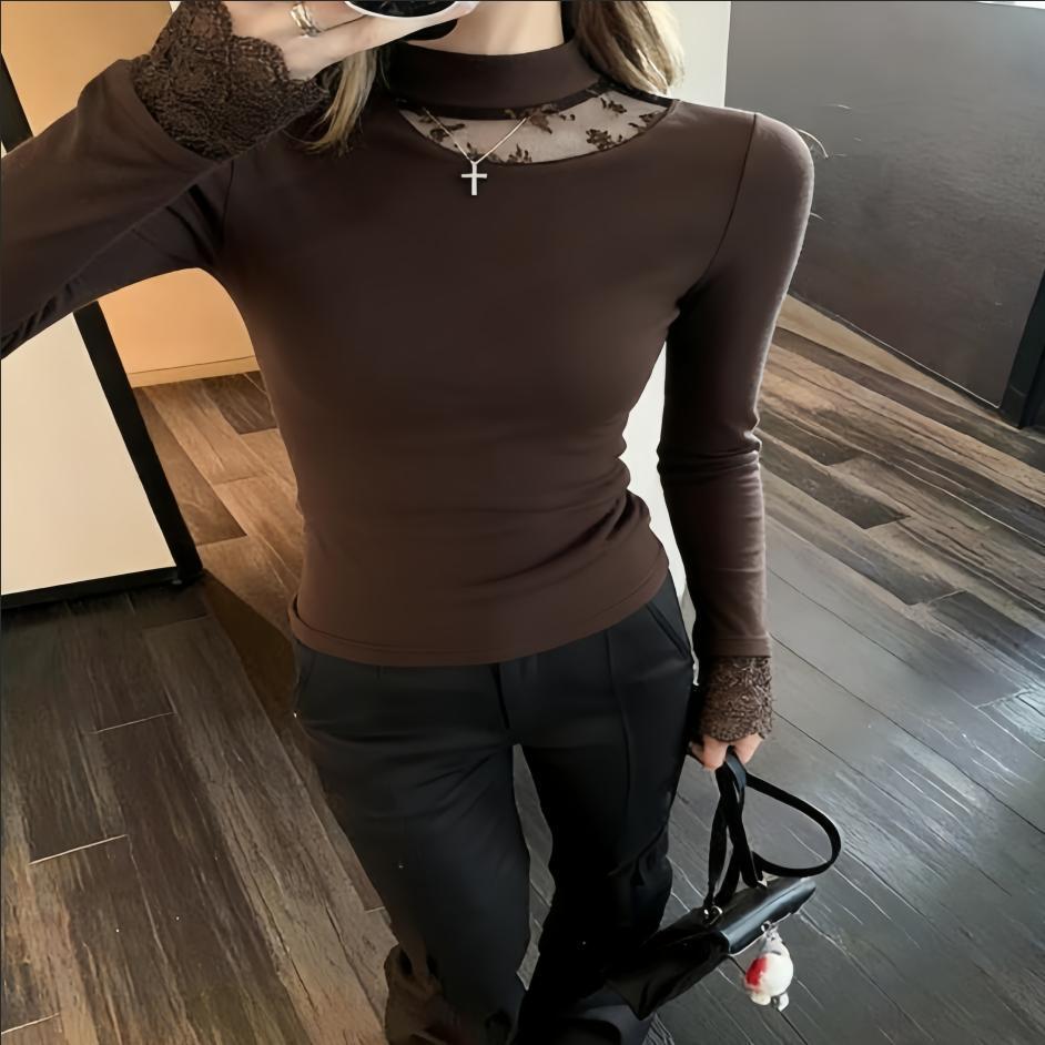 Women's Slim-Fit Fleece-Lined Black High-Neck T-Shirt with Lace Splicing Sleeves, Ideal for Autumn and Winter