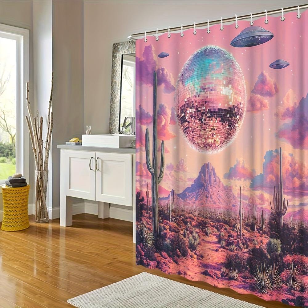 1Pc Retro 70S Disco Shower Curtain - Pink & Purple Cactus, Ufo, Disco Ball & 70S Psychedelic Sky Design, Quick-Dry With 12 Hooks