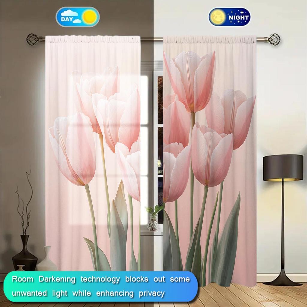2 Piece Pink Tulip Curtains for Family and Friends   Sunshade and Privacy-protecting Pole-style Curtains