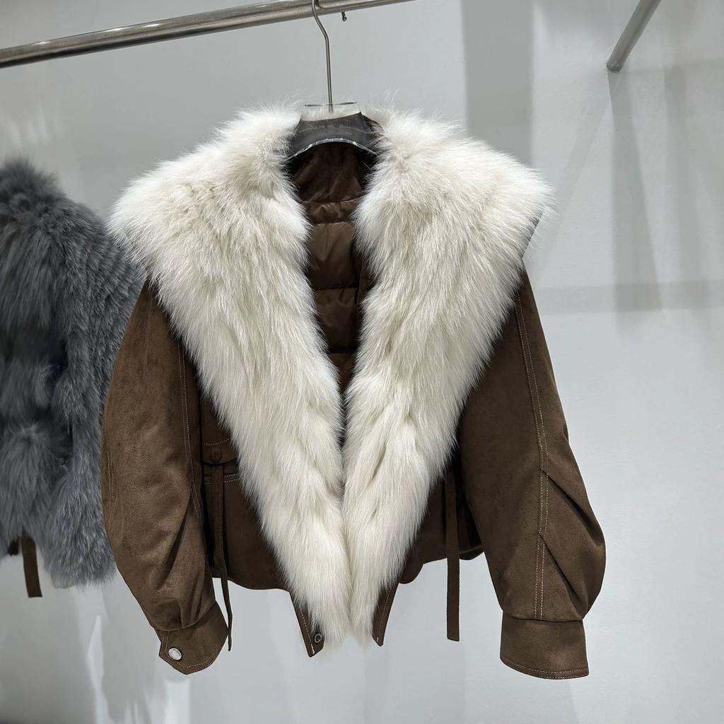 oversized natural real fox fur collar down jacket women's retro temperament personalized warm jacket short top winter