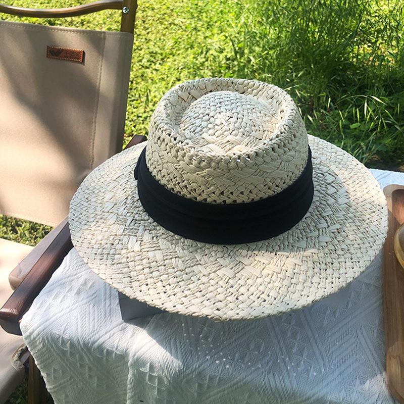 Chapeau de paille à calotte plate ajouré style français vintage pour femme, chapeau de protection solaire, chapeau ajouré tissé pour voyage, plage, vacances