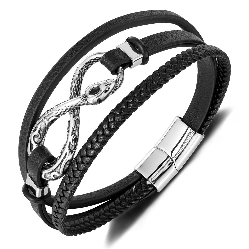 Retro Style Leather Bracelet Men's Stainless Steel Personality Trend Multi-layer Woven Snake Shaped Titanium