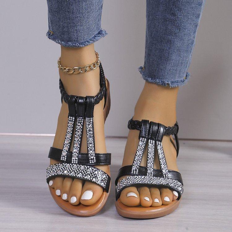 Fashion Women Wedge Sandals Summer Bohemia Rhinestones Casual Platform Middle Heel Sandals Female Peep Toe Outdoor Beach Sandales Shoe