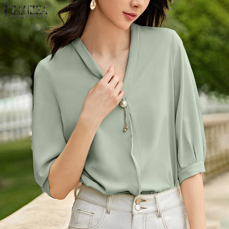 

ZANZEA Элегантная женская рубашка Женщины Повседневный V-образный вырез Половина рукава Блузка