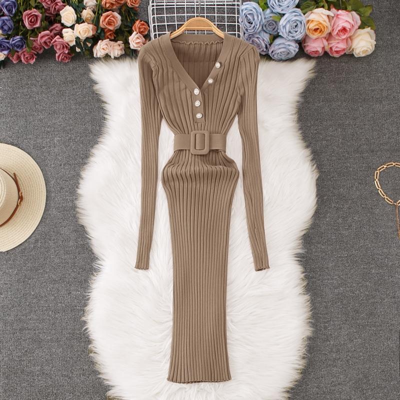 

Осень-зима Женский элегантный V-образный вырез вязаный свитер офисная работа облегающие платья-футляры с поясом One Size хаки