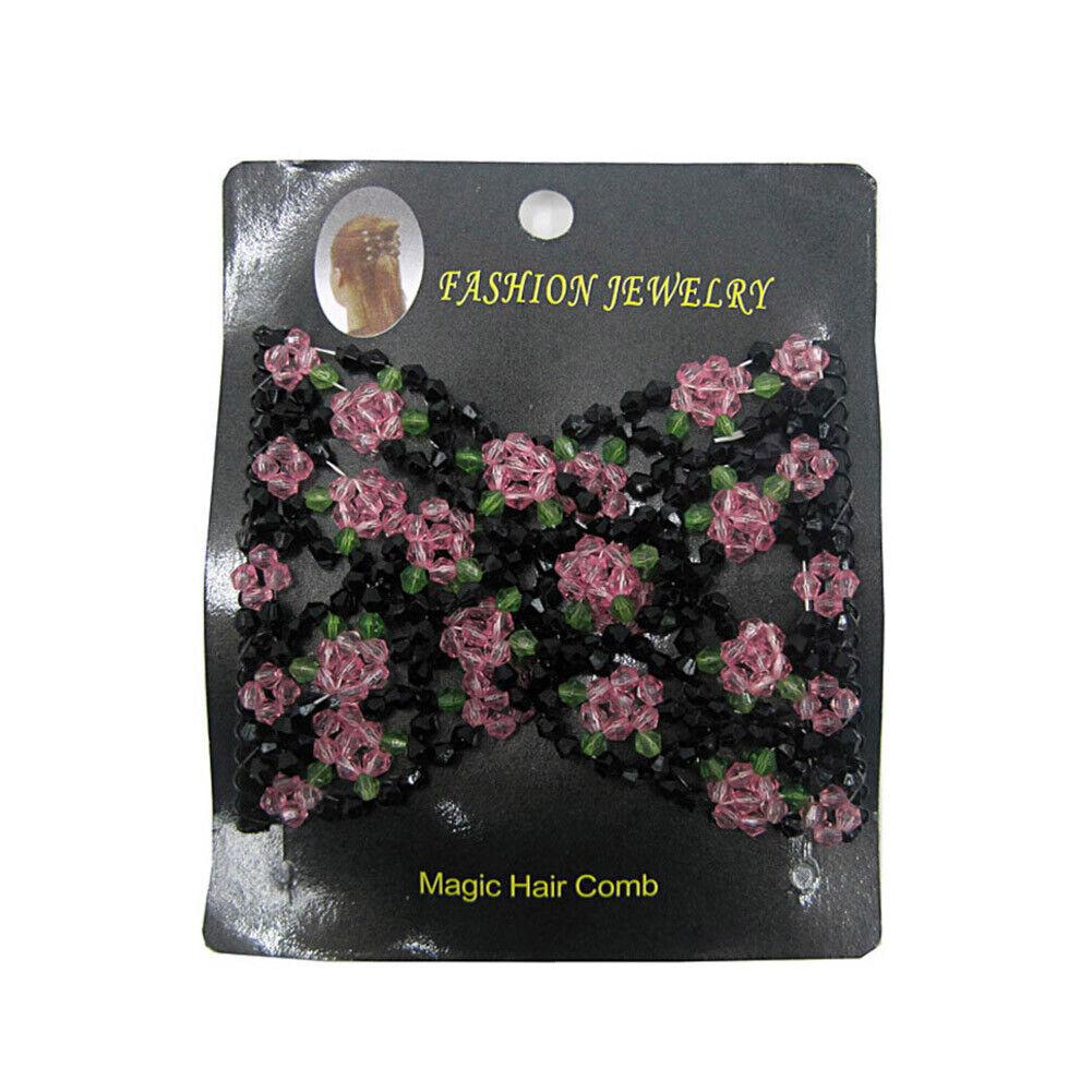 Womens Magic Slide Hair Elastic Double Beads Easy Stretchy Hair Comb Clips Pins