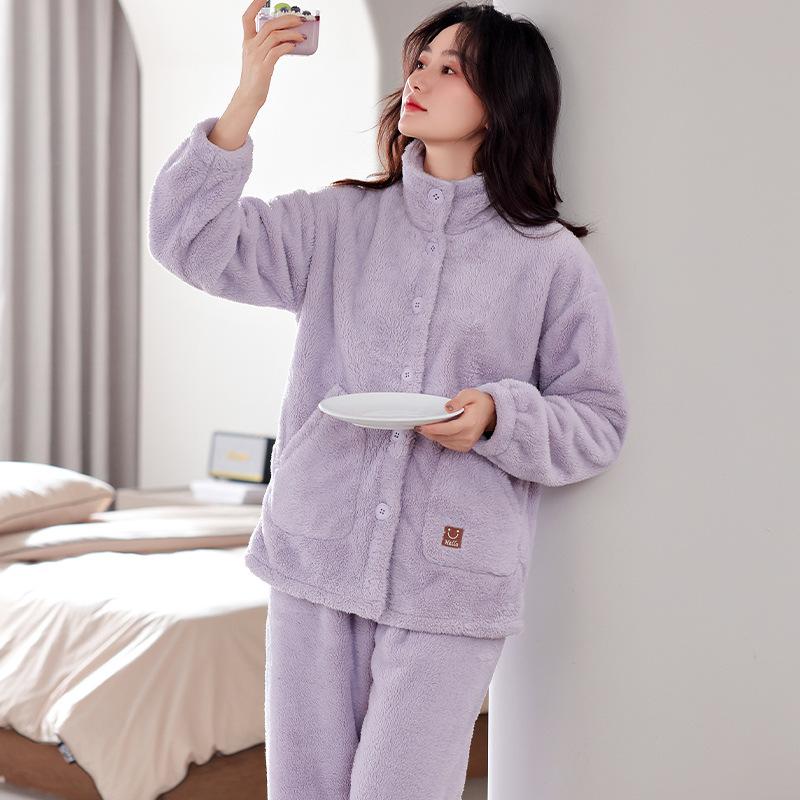 Pajamas Women'S Winter Fleece Thickened Coral Fleece Winter Flannel Large Size Loungewear Warm Set