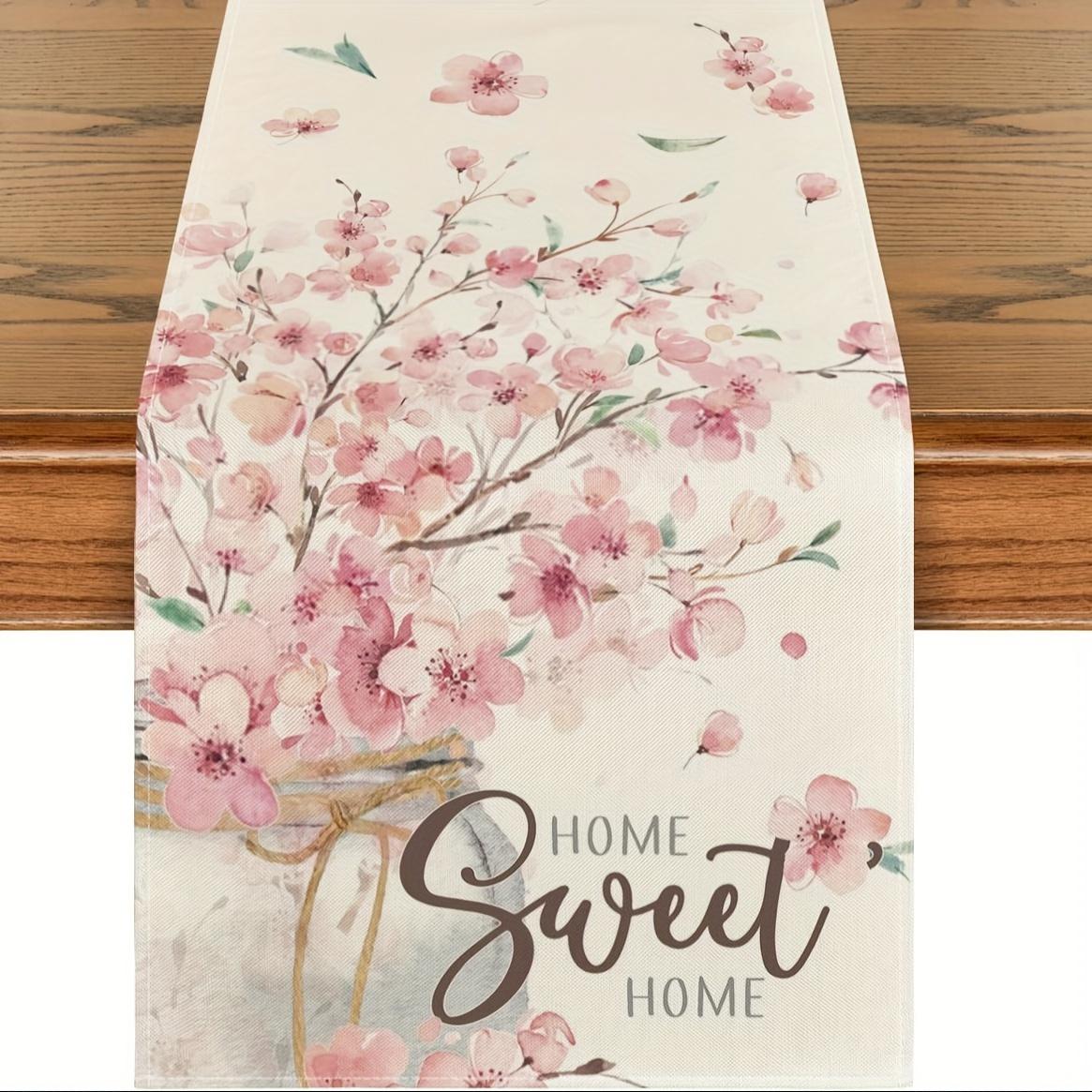 Home Sweet Home Chemin de table en lin rose à fleurs Décoration de table pour fêtes de fin d'année, mariages, fêtes de printemps Chemin de table Décor de table pour commode 150x33cm